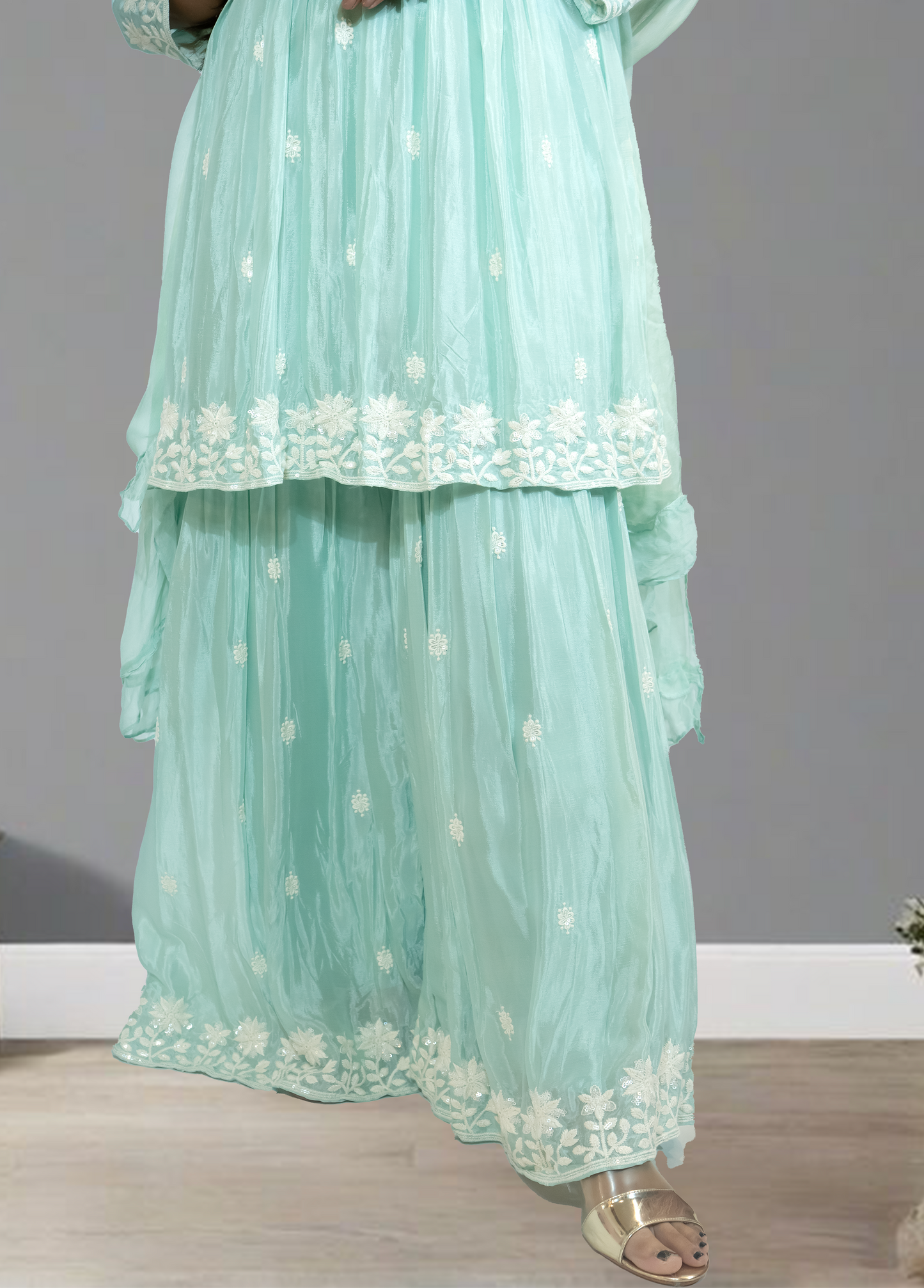 Mint Green Pure Shinon Short Anarkali with Sharara | Thread, Sequin & Hand Work | Sizes L–XXL - Bebo N Lolo