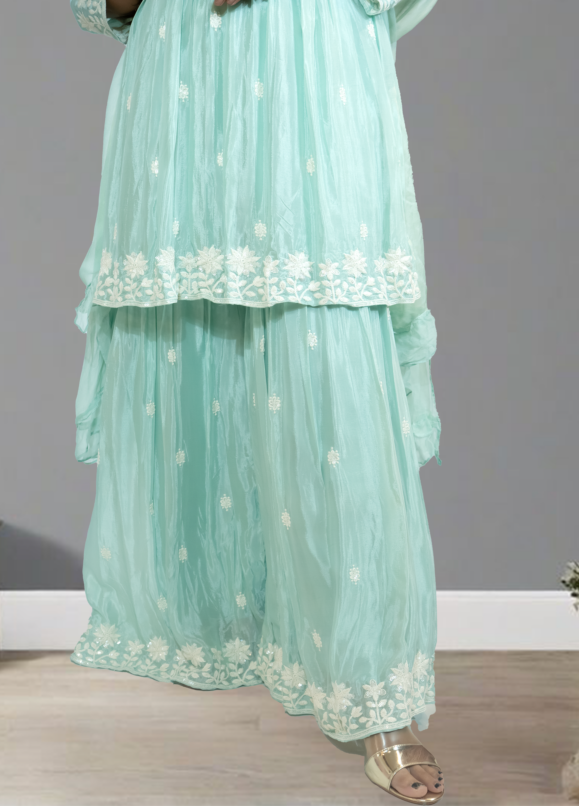 Mint Green Pure Shinon Short Anarkali with Sharara | Thread, Sequin & Hand Work | Sizes L–XXL - Bebo N Lolo