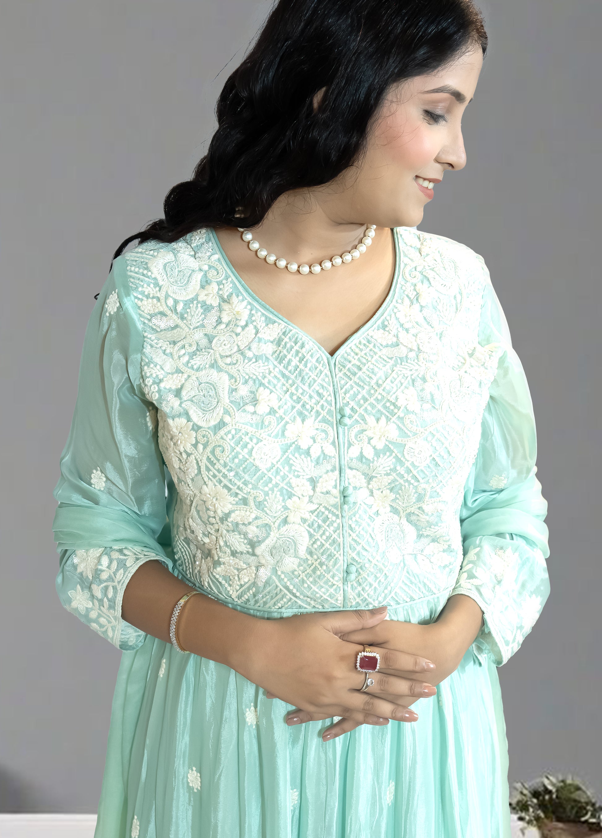Mint Green Pure Shinon Short Anarkali with Sharara | Thread, Sequin & Hand Work | Sizes L–XXL - Bebo N Lolo