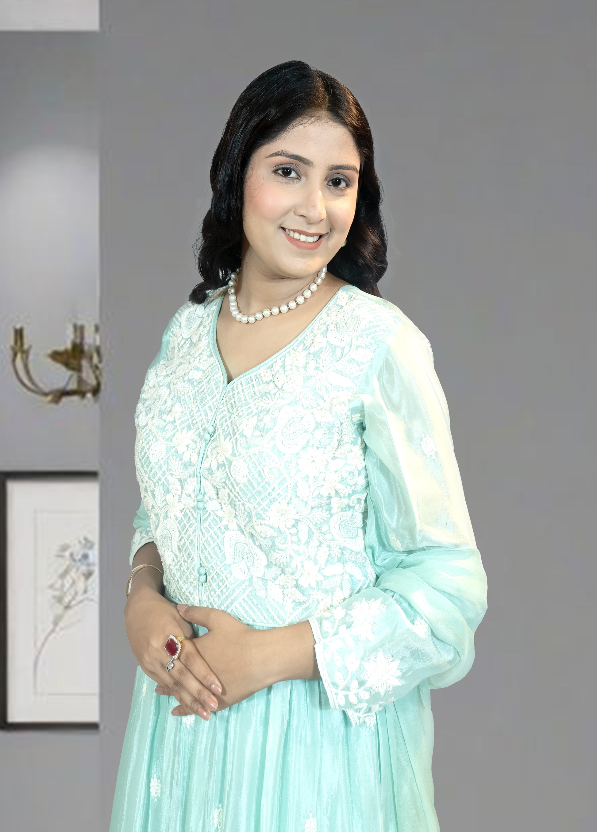 Mint Green Pure Shinon Short Anarkali with Sharara | Thread, Sequin & Hand Work | Sizes L–XXL - Bebo N Lolo