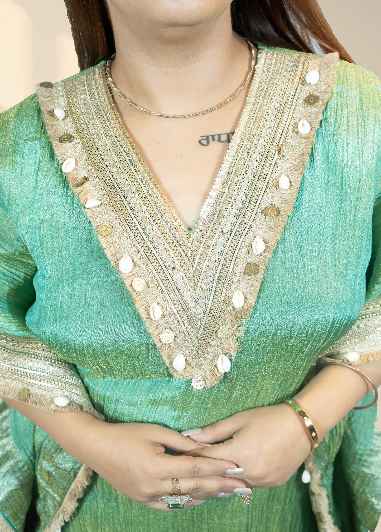 Imported Crush Kaftan with Lace, Coin & Shell Work | Pinkish Rust & Green | Contrast Pajama Set | Sizes M–XXL - Bebo N Lolo