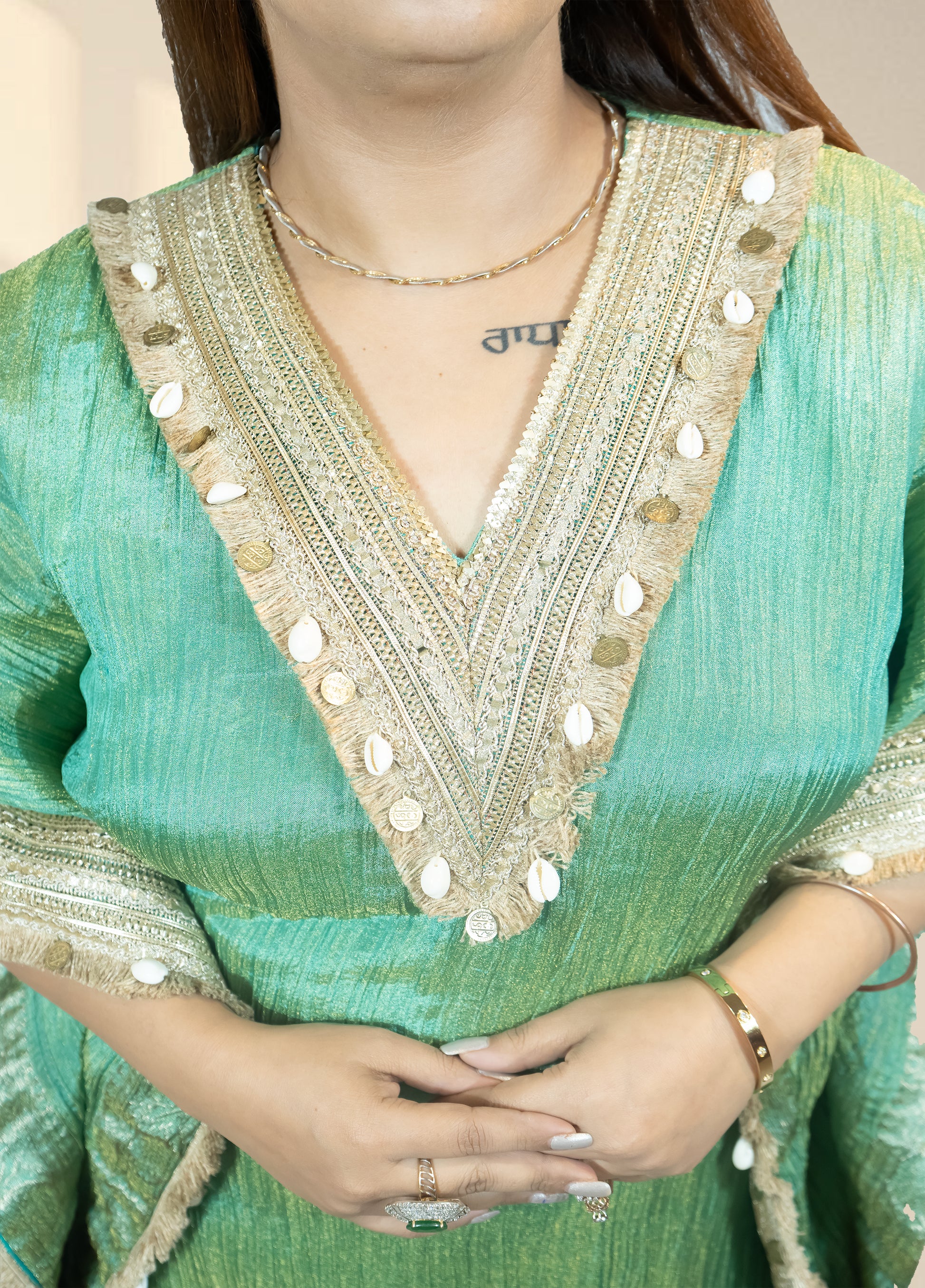Imported Crush Kaftan with Lace, Coin & Shell Work | Pinkish Rust & Green | Contrast Pajama Set | Sizes M–XXL - Bebo N Lolo