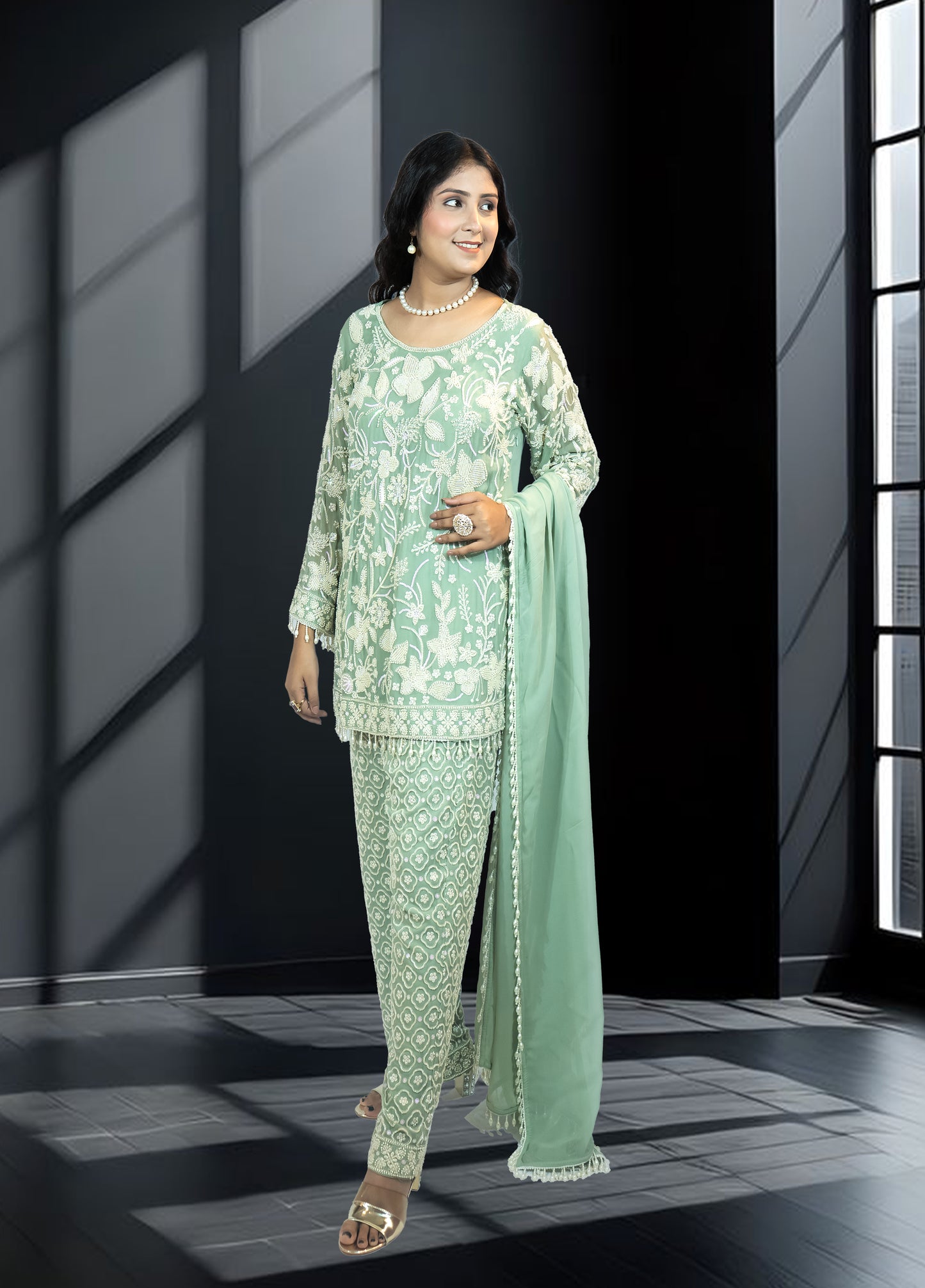 Pista Green Pure Gorjit Handwork Suit with Embroidered Pants | Sizes S–L - Bebo N Lolo