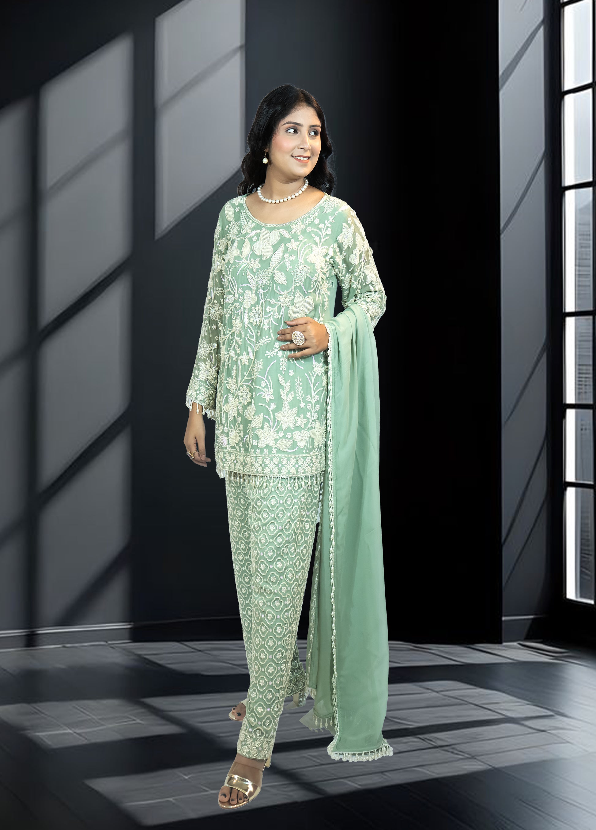 Pista Green Pure Gorjit Handwork Suit with Embroidered Pants | Sizes S–L - Bebo N Lolo