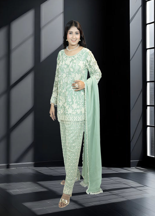 Pista Green Pure Gorjit Handwork Suit with Embroidered Pants | Sizes S–L - Bebo N Lolo