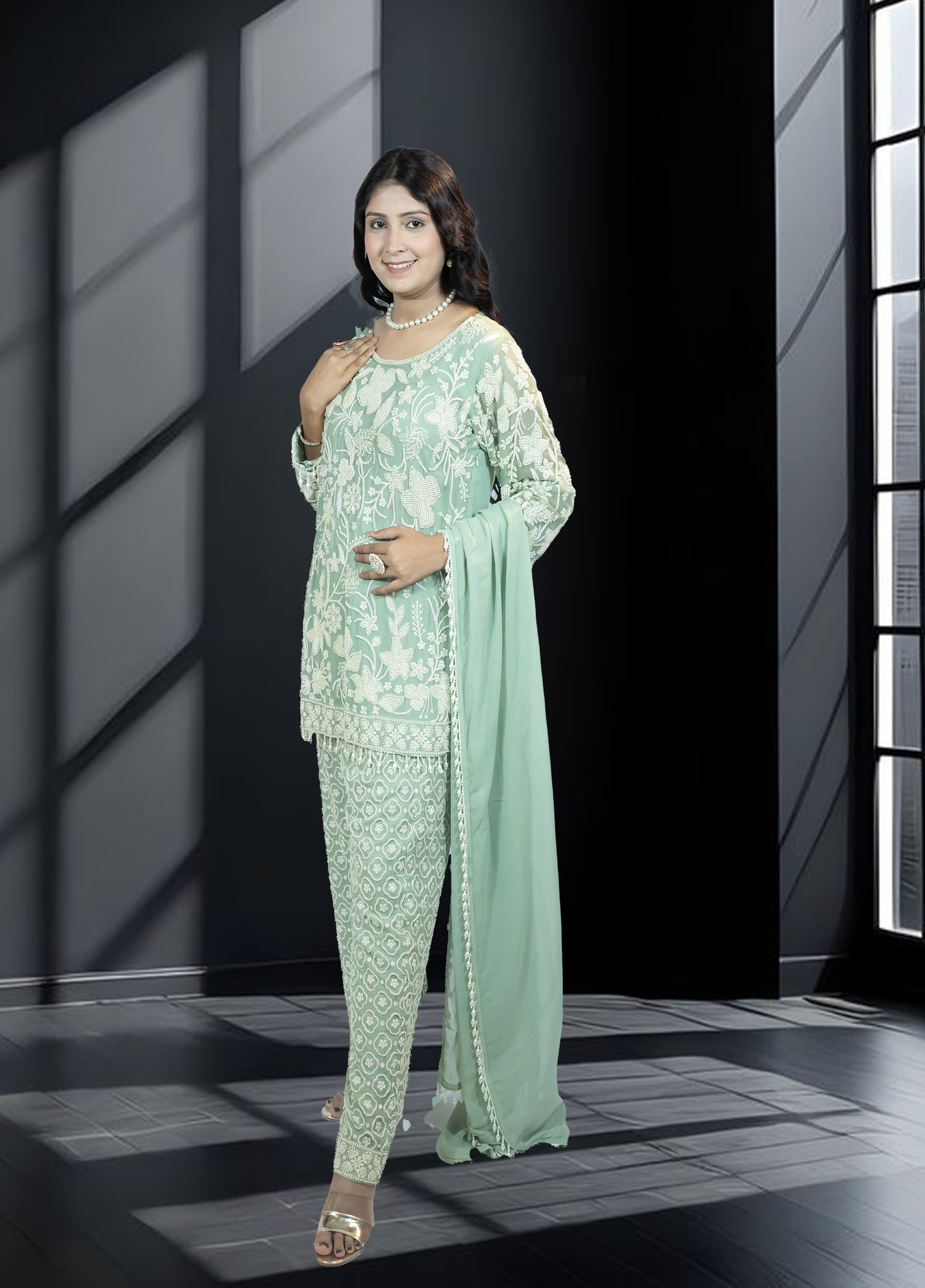 Pista Green Pure Gorjit Handwork Suit with Embroidered Pants | Sizes S–L - Bebo N Lolo