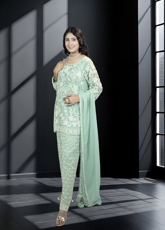 Pista Green Pure Gorjit Handwork Suit with Embroidered Pants | Sizes S–L - Bebo N Lolo
