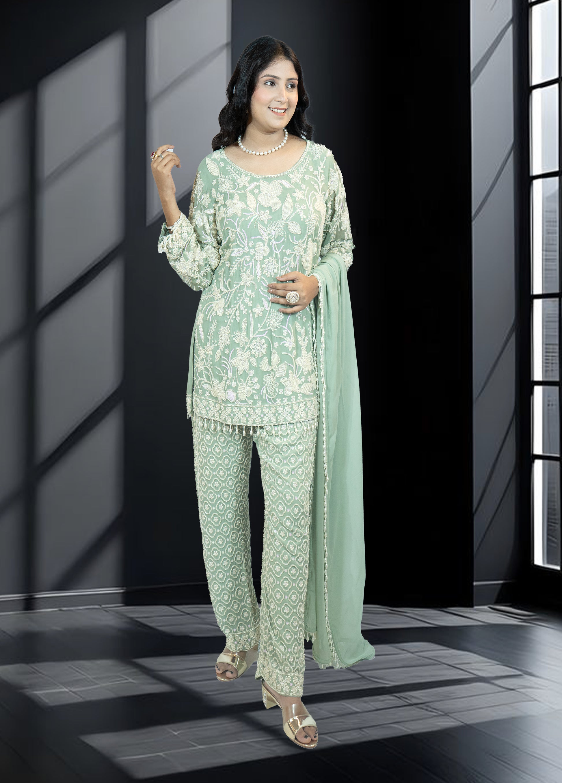 Pista Green Pure Gorjit Handwork Suit with Embroidered Pants | Sizes S–L - Bebo N Lolo