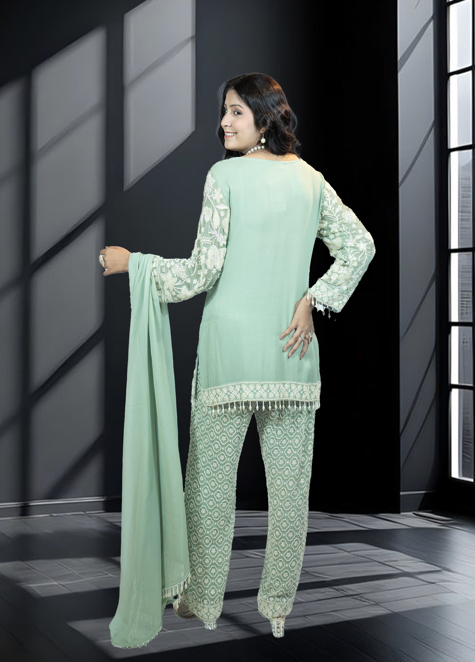 Pista Green Pure Gorjit Handwork Suit with Embroidered Pants | Sizes S–L - Bebo N Lolo