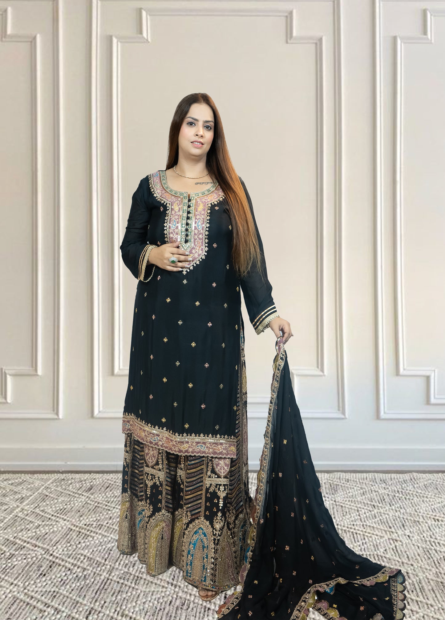 Chinnon Chiffon Sharara Suit with Jari & Sequin Work | Heavy Embroidery | Black & Rama Green | Sizes L–XXLtta | L–XL Sizes - Bebo N Lolo