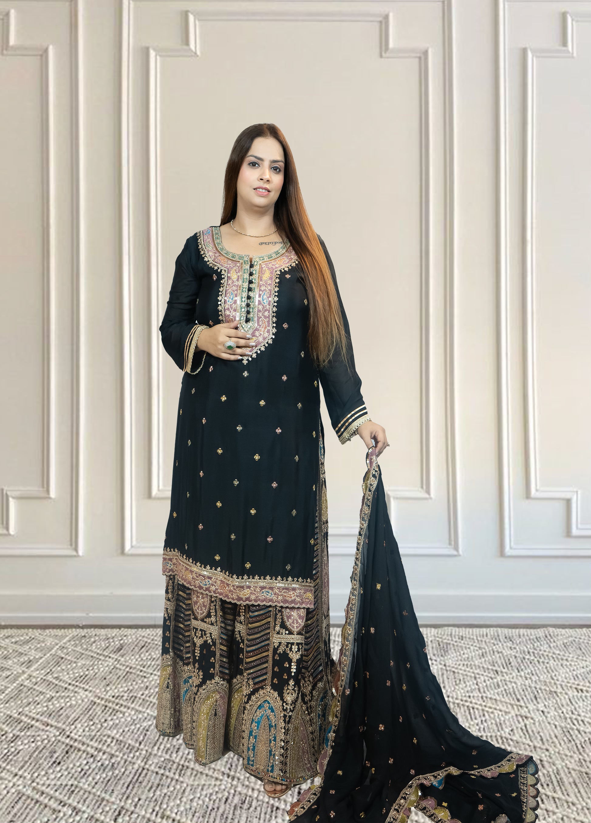 Chinnon Chiffon Sharara Suit with Jari & Sequin Work | Heavy Embroidery | Black & Rama Green | Sizes L–XXLtta | L–XL Sizes - Bebo N Lolo