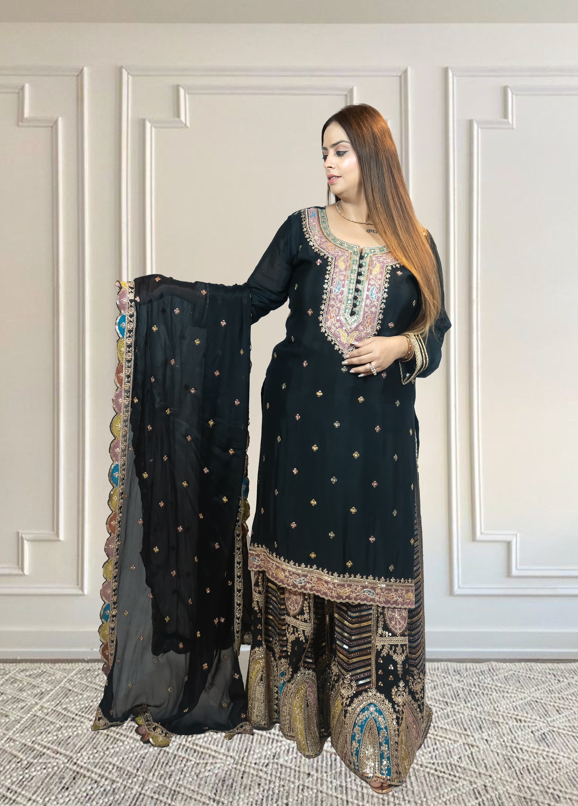 Chinnon Chiffon Sharara Suit with Jari & Sequin Work | Heavy Embroidery | Black & Rama Green | Sizes L–XXLtta | L–XL Sizes - Bebo N Lolo