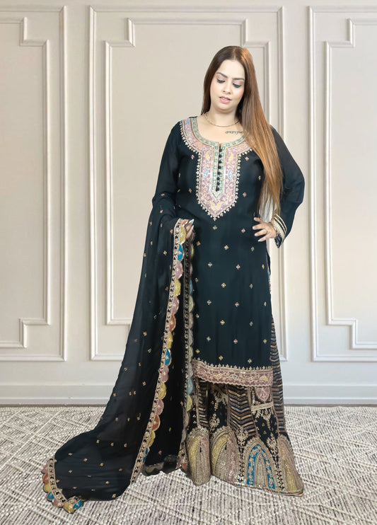 Chinnon Chiffon Sharara Suit with Jari & Sequin Work | Heavy Embroidery | Black & Rama Green | Sizes L–XXLtta | L–XL Sizes - Bebo N Lolo