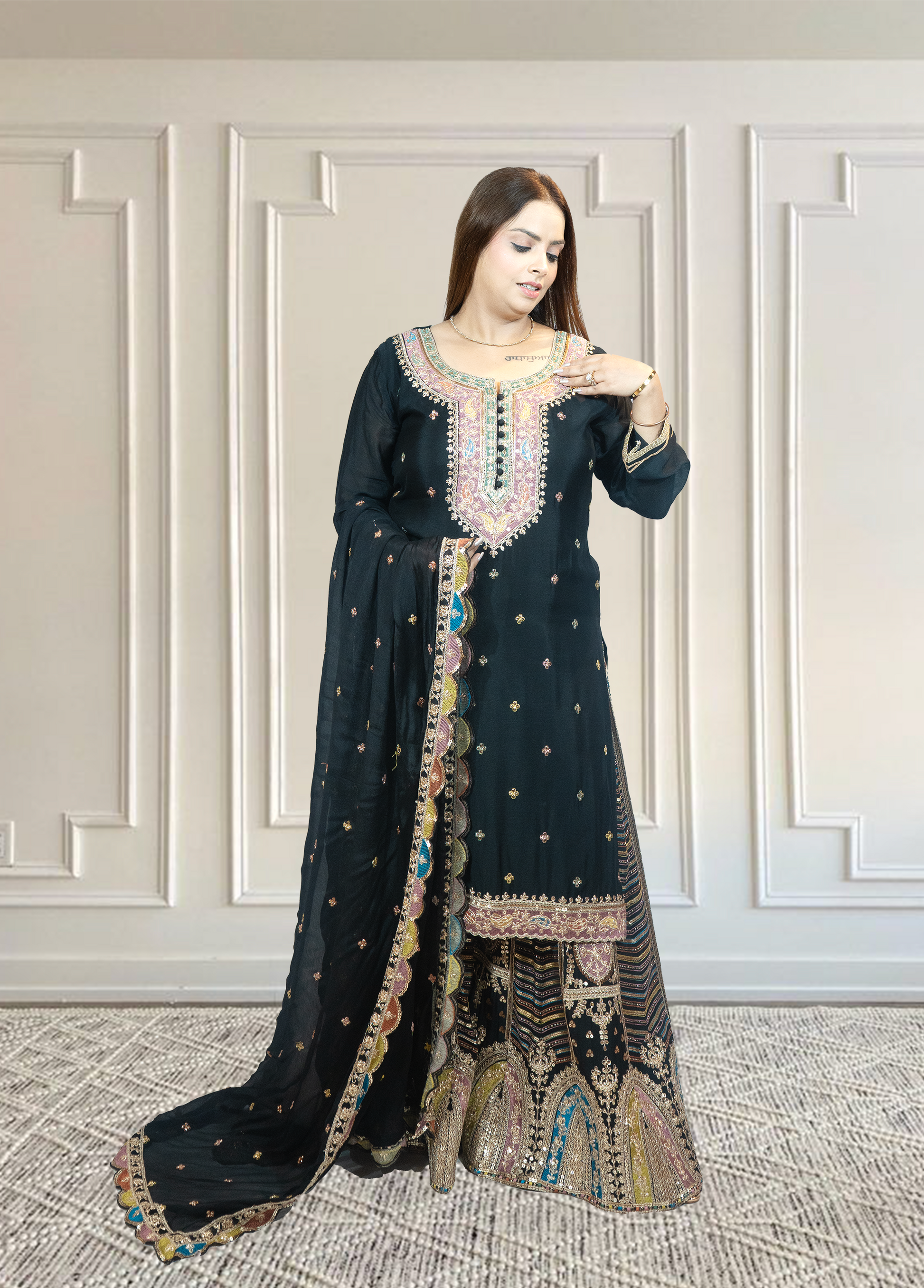 Chinnon Chiffon Sharara Suit with Jari & Sequin Work | Heavy Embroidery | Black & Rama Green | Sizes L–XXLtta | L–XL Sizes - Bebo N Lolo