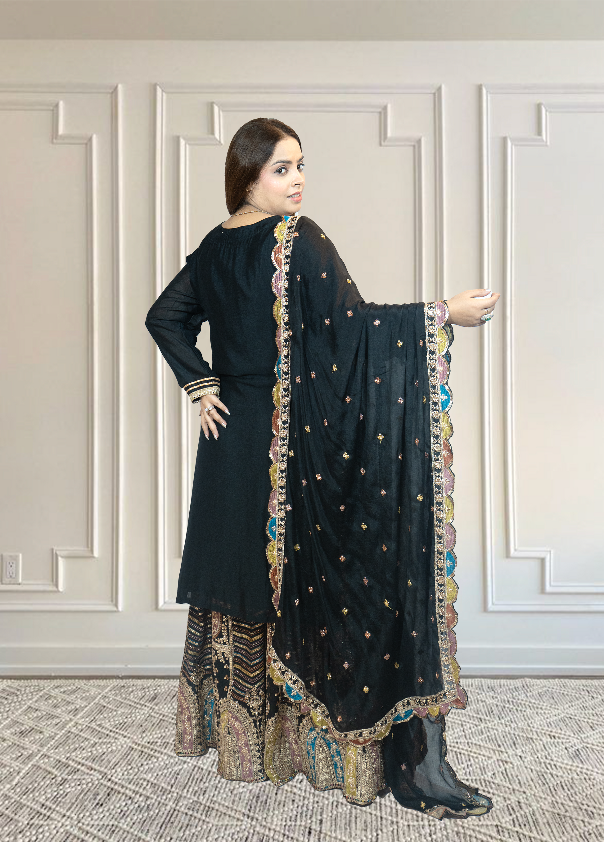 Chinnon Chiffon Sharara Suit with Jari & Sequin Work | Heavy Embroidery | Black & Rama Green | Sizes L–XXLtta | L–XL Sizes - Bebo N Lolo