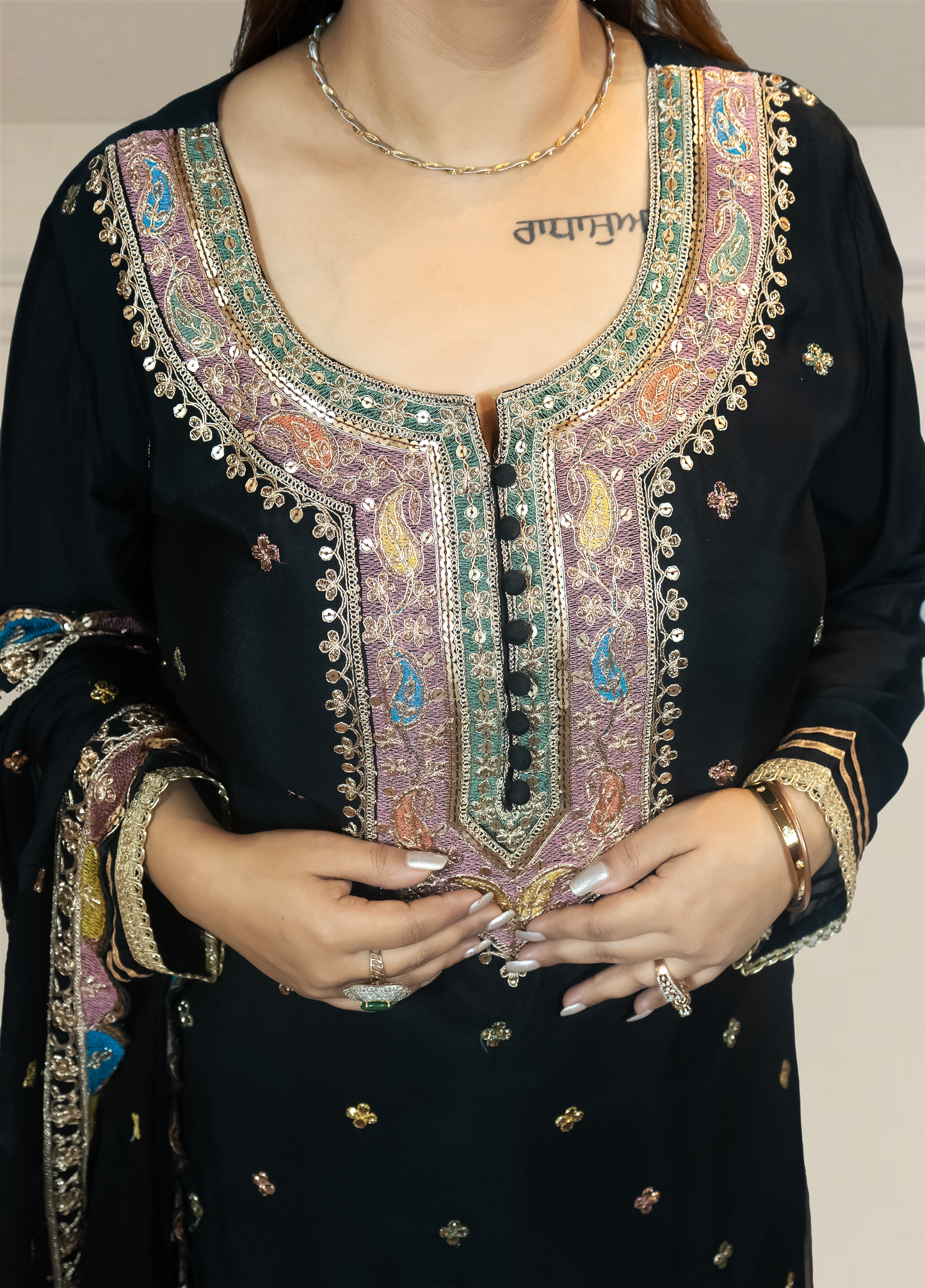 Chinnon Chiffon Sharara Suit with Jari & Sequin Work | Heavy Embroidery | Black & Rama Green | Sizes L–XXLtta | L–XL Sizes - Bebo N Lolo