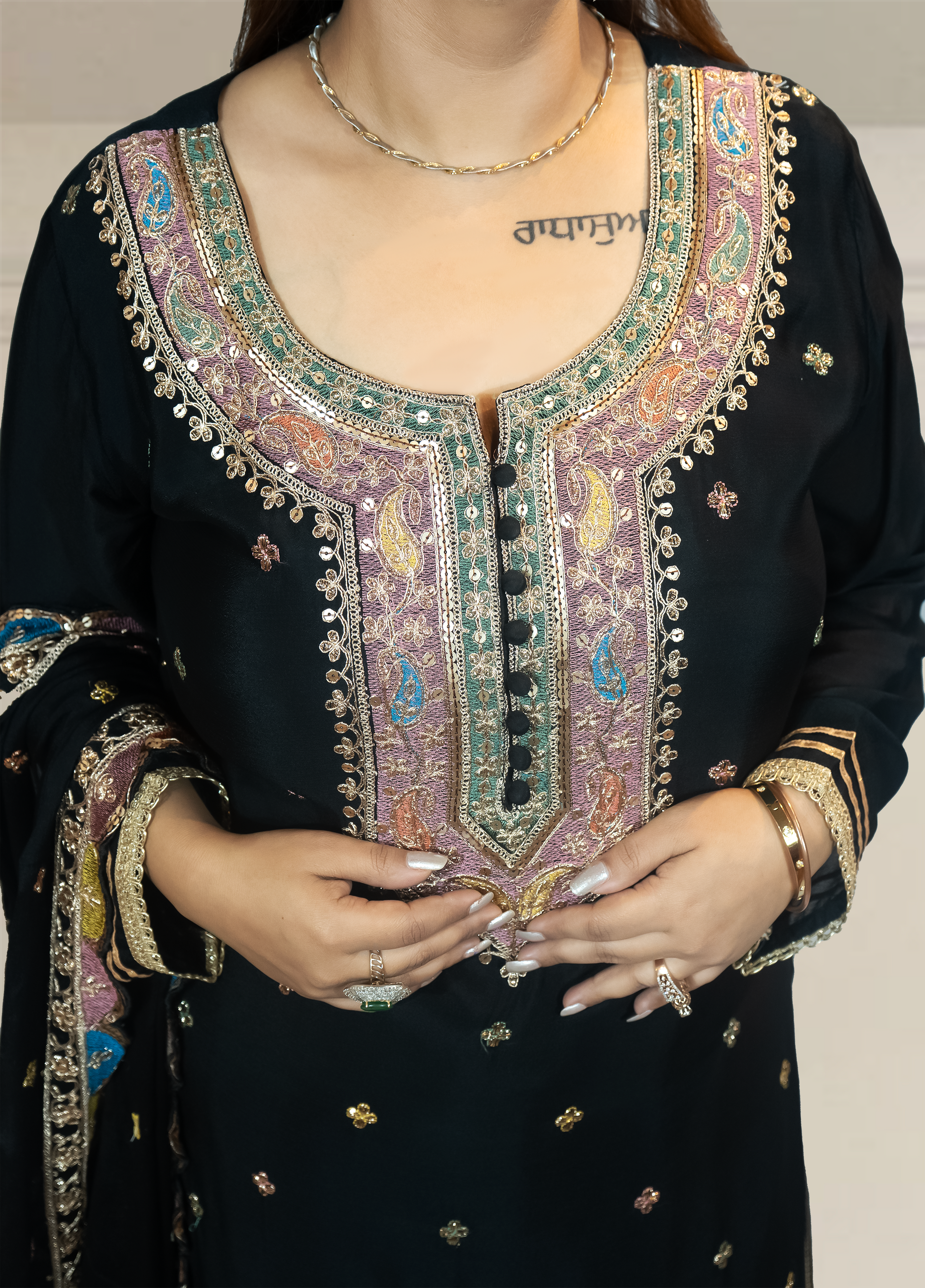Chinnon Chiffon Sharara Suit with Jari & Sequin Work | Heavy Embroidery | Black & Rama Green | Sizes L–XXLtta | L–XL Sizes - Bebo N Lolo