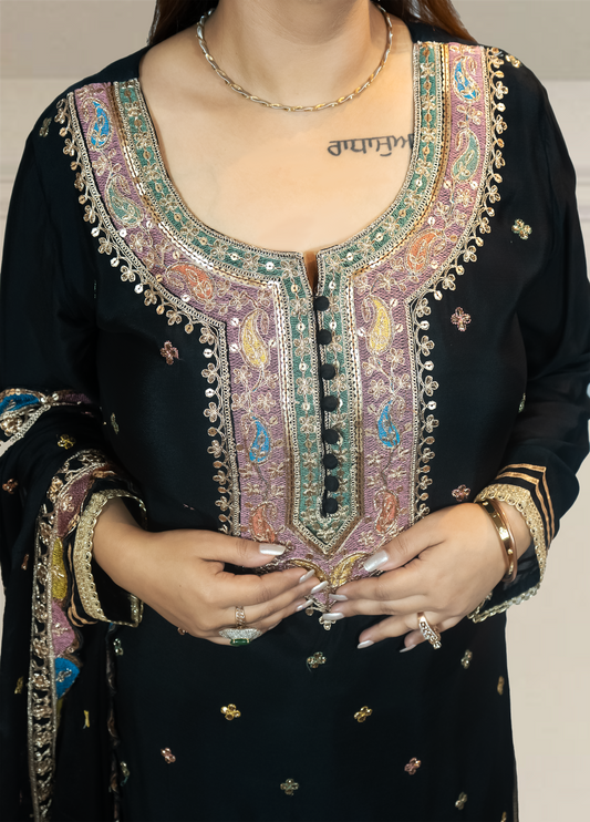 Chinnon Chiffon Sharara Suit with Jari & Sequin Work | Heavy Embroidery | Black & Rama Green | Sizes L–XXLtta | L–XL Sizes - Bebo N Lolo