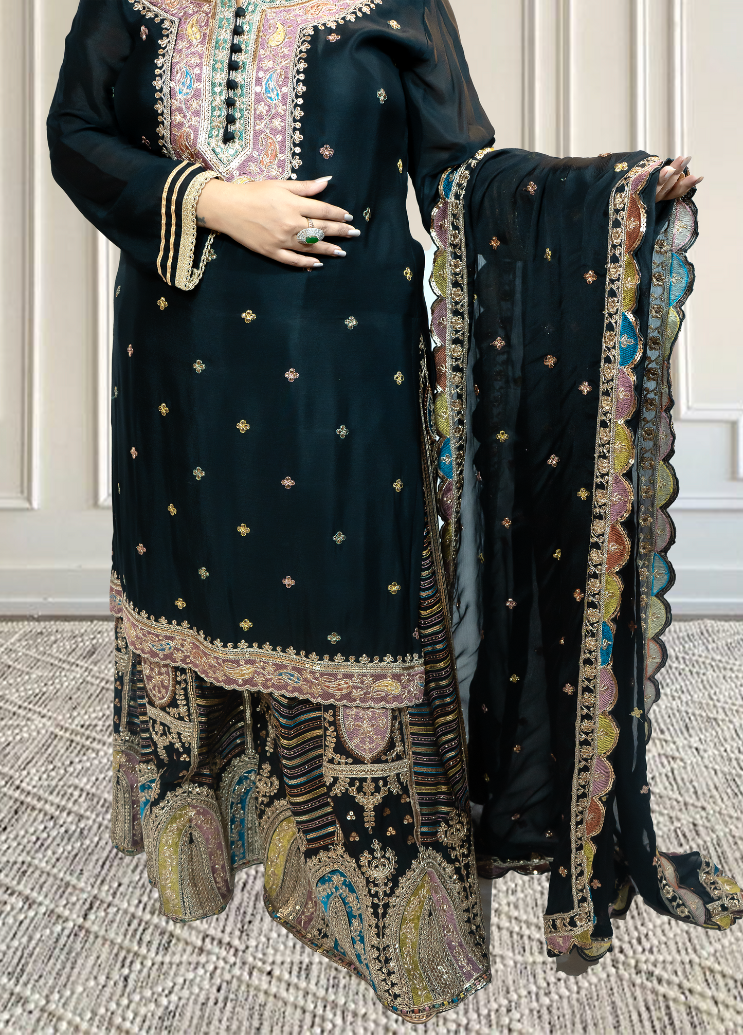 Chinnon Chiffon Sharara Suit with Jari & Sequin Work | Heavy Embroidery | Black & Rama Green | Sizes L–XXLtta | L–XL Sizes - Bebo N Lolo