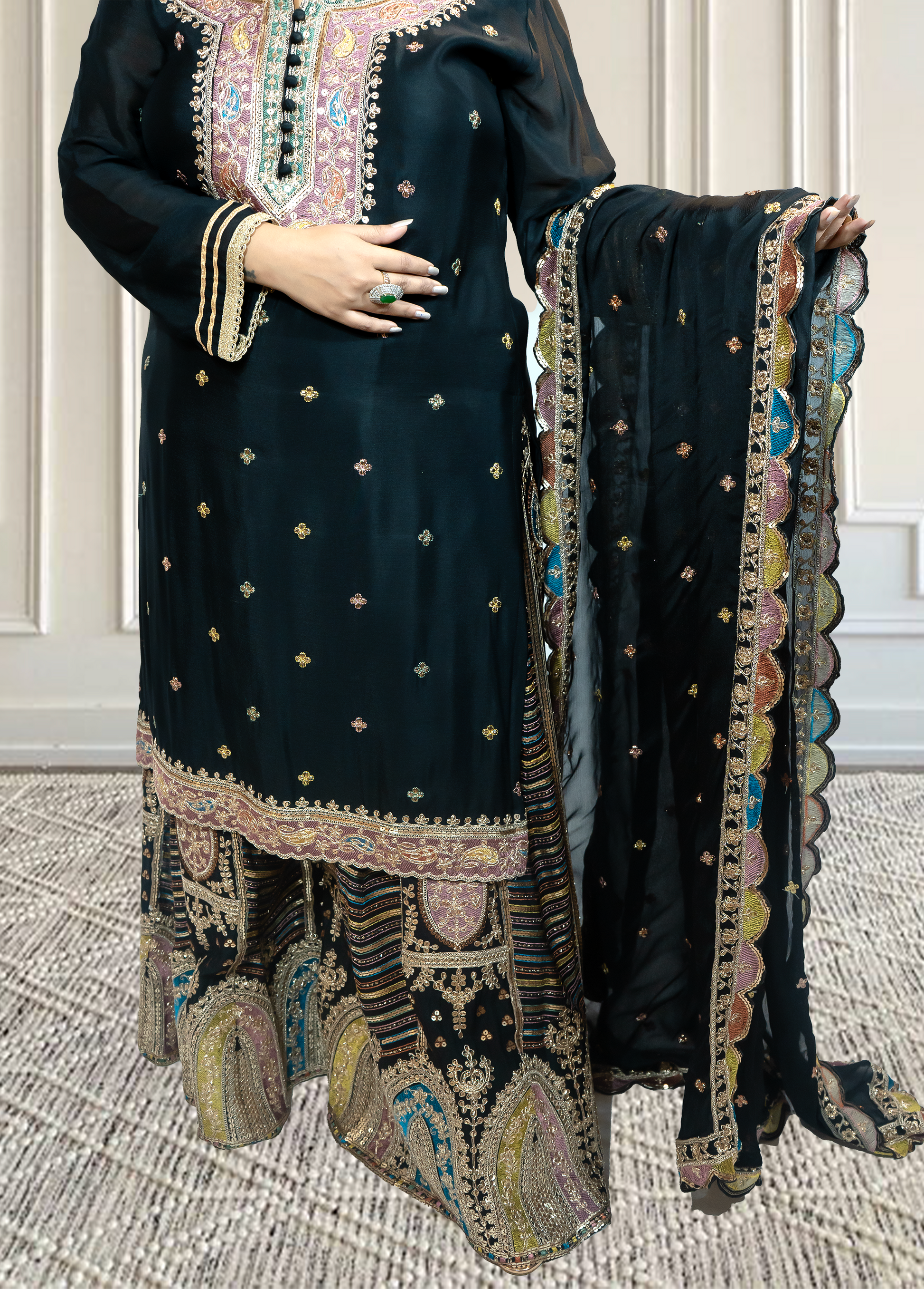 Chinnon Chiffon Sharara Suit with Jari & Sequin Work | Heavy Embroidery | Black & Rama Green | Sizes L–XXLtta | L–XL Sizes - Bebo N Lolo
