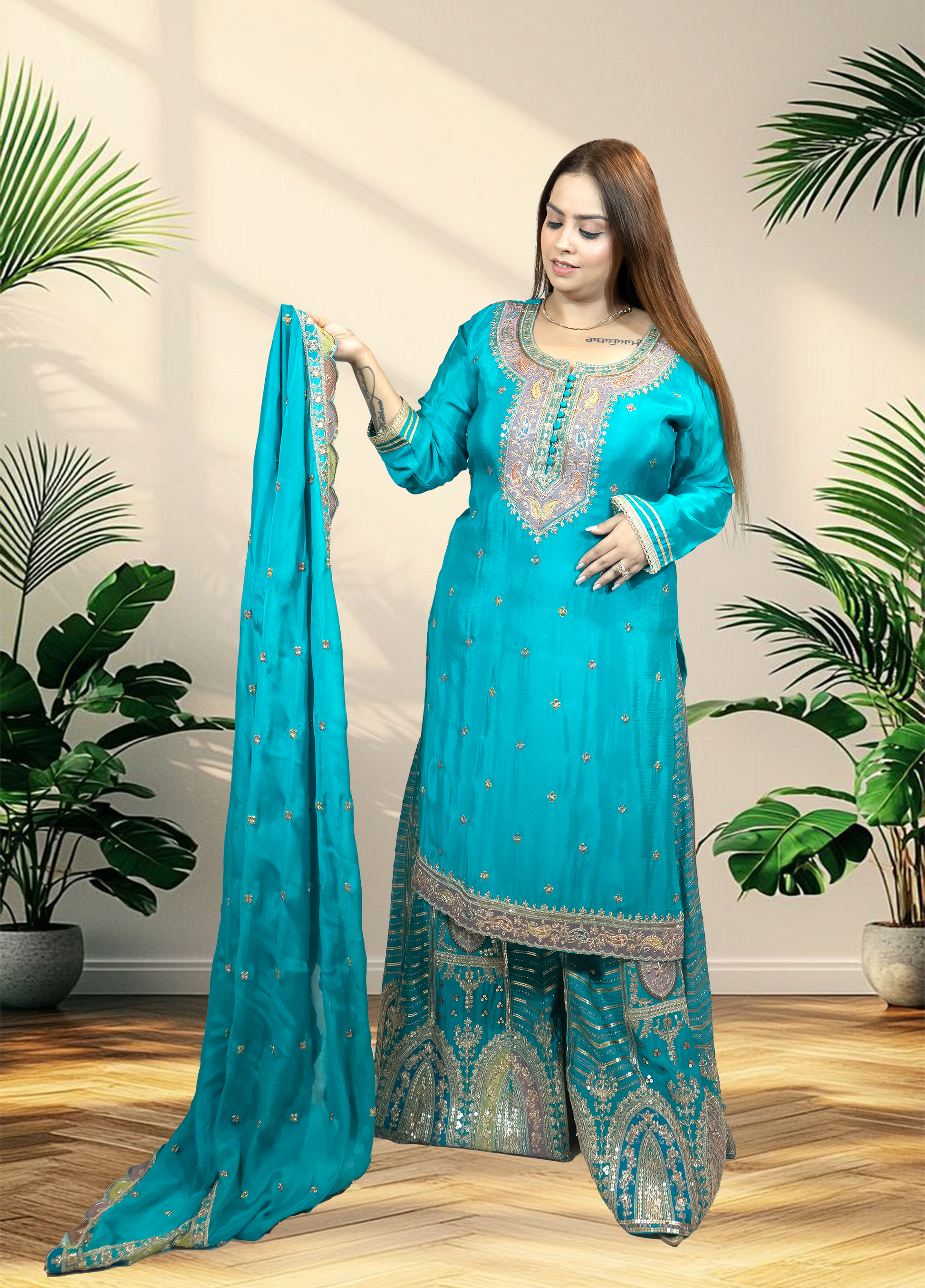 Chinnon Chiffon Sharara Suit with Jari & Sequin Work | Heavy Embroidery | Black & Rama Green | Sizes L–XXLtta | L–XL Sizes - Bebo N Lolo