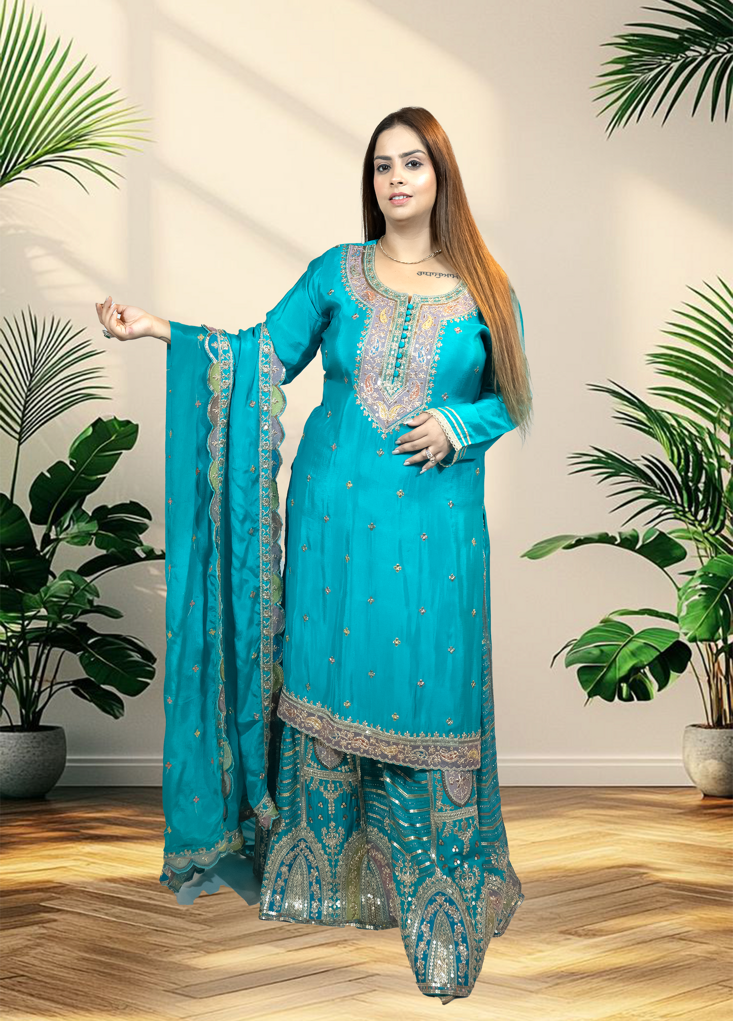 Chinnon Chiffon Sharara Suit with Jari & Sequin Work | Heavy Embroidery | Black & Rama Green | Sizes L–XXLtta | L–XL Sizes - Bebo N Lolo