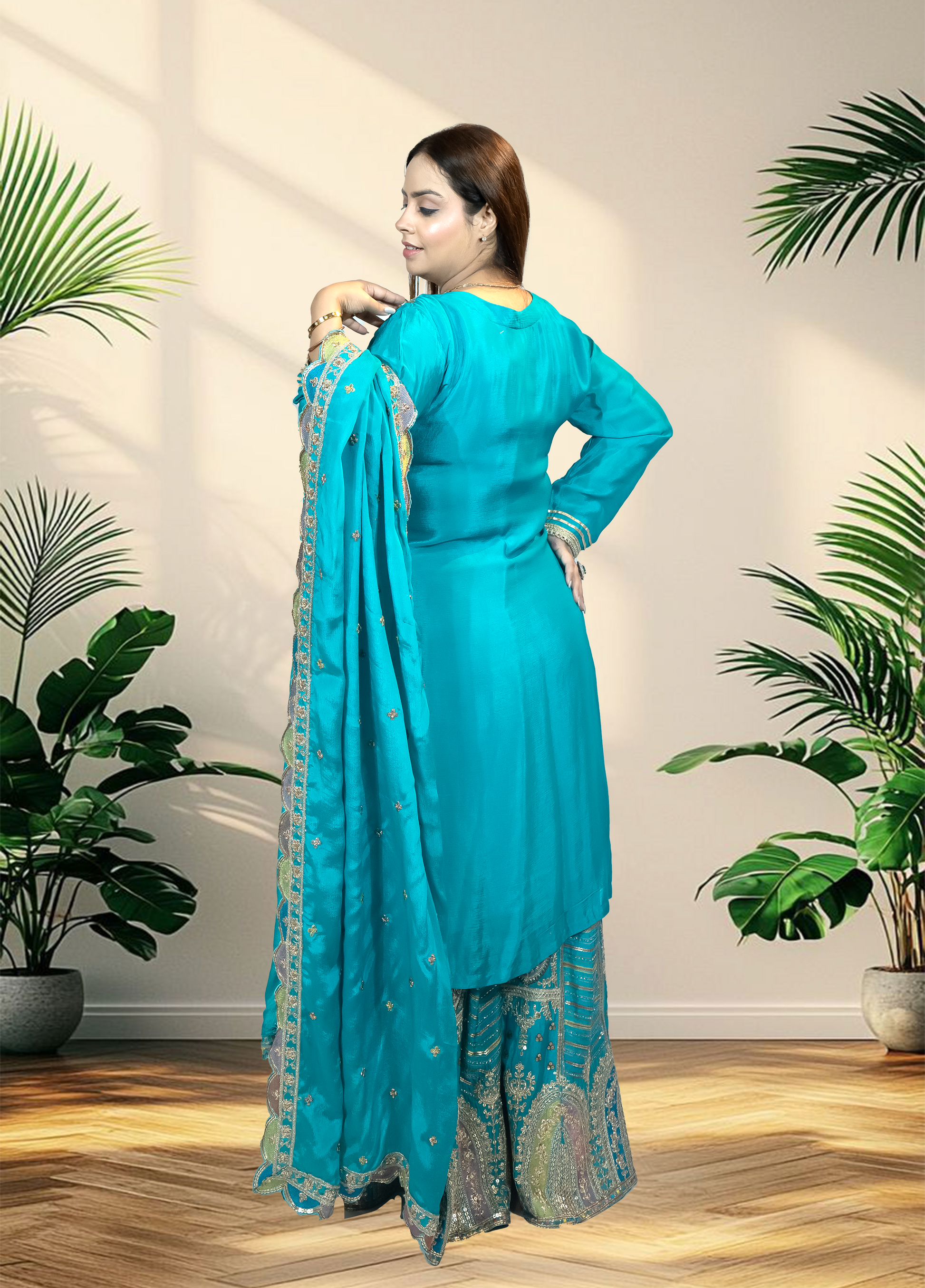 Chinnon Chiffon Sharara Suit with Jari & Sequin Work | Heavy Embroidery | Black & Rama Green | Sizes L–XXLtta | L–XL Sizes - Bebo N Lolo