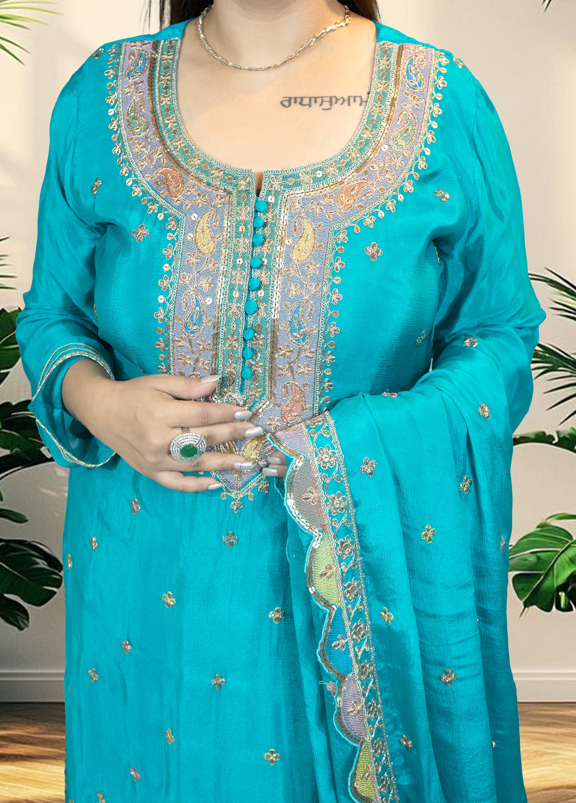 Chinnon Chiffon Sharara Suit with Jari & Sequin Work | Heavy Embroidery | Black & Rama Green | Sizes L–XXLtta | L–XL Sizes - Bebo N Lolo