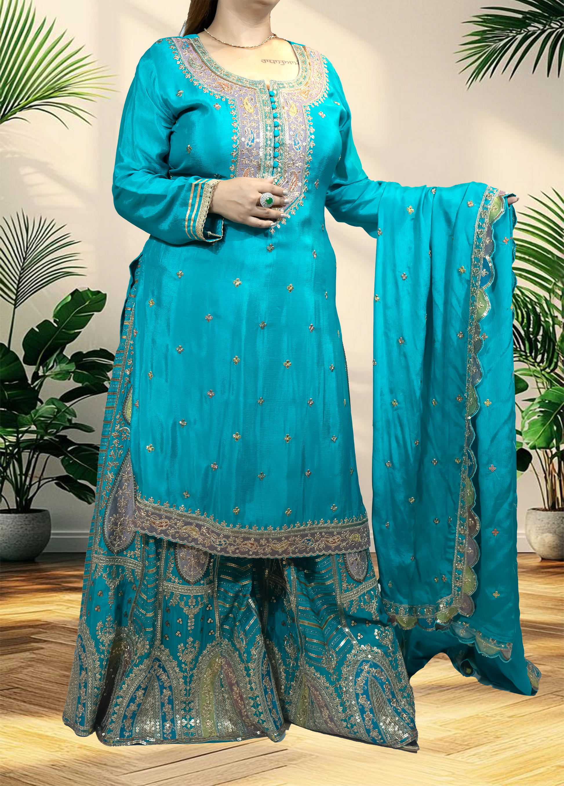 Chinnon Chiffon Sharara Suit with Jari & Sequin Work | Heavy Embroidery | Black & Rama Green | Sizes L–XXLtta | L–XL Sizes - Bebo N Lolo