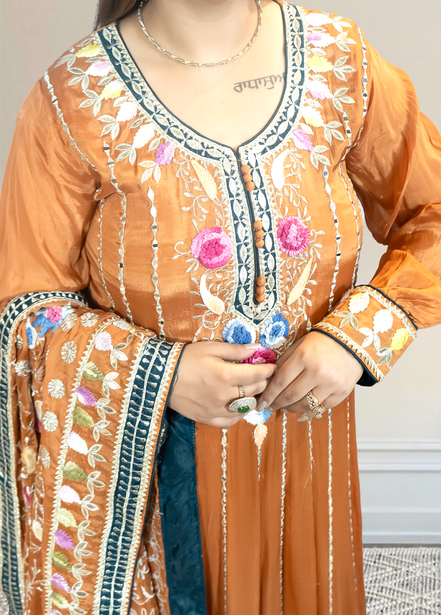 Rust Chinon Anarkali with Phulkari Dupatta | Gota & Mirror Work Embroidery | Sizes S–XL - Bebo N Lolo