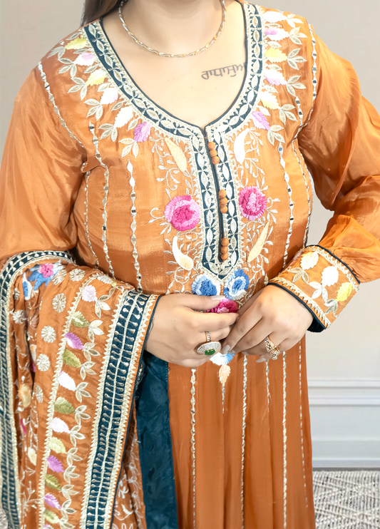 Rust Chinon Anarkali with Phulkari Dupatta | Gota & Mirror Work Embroidery | Sizes S–XL - Bebo N Lolo