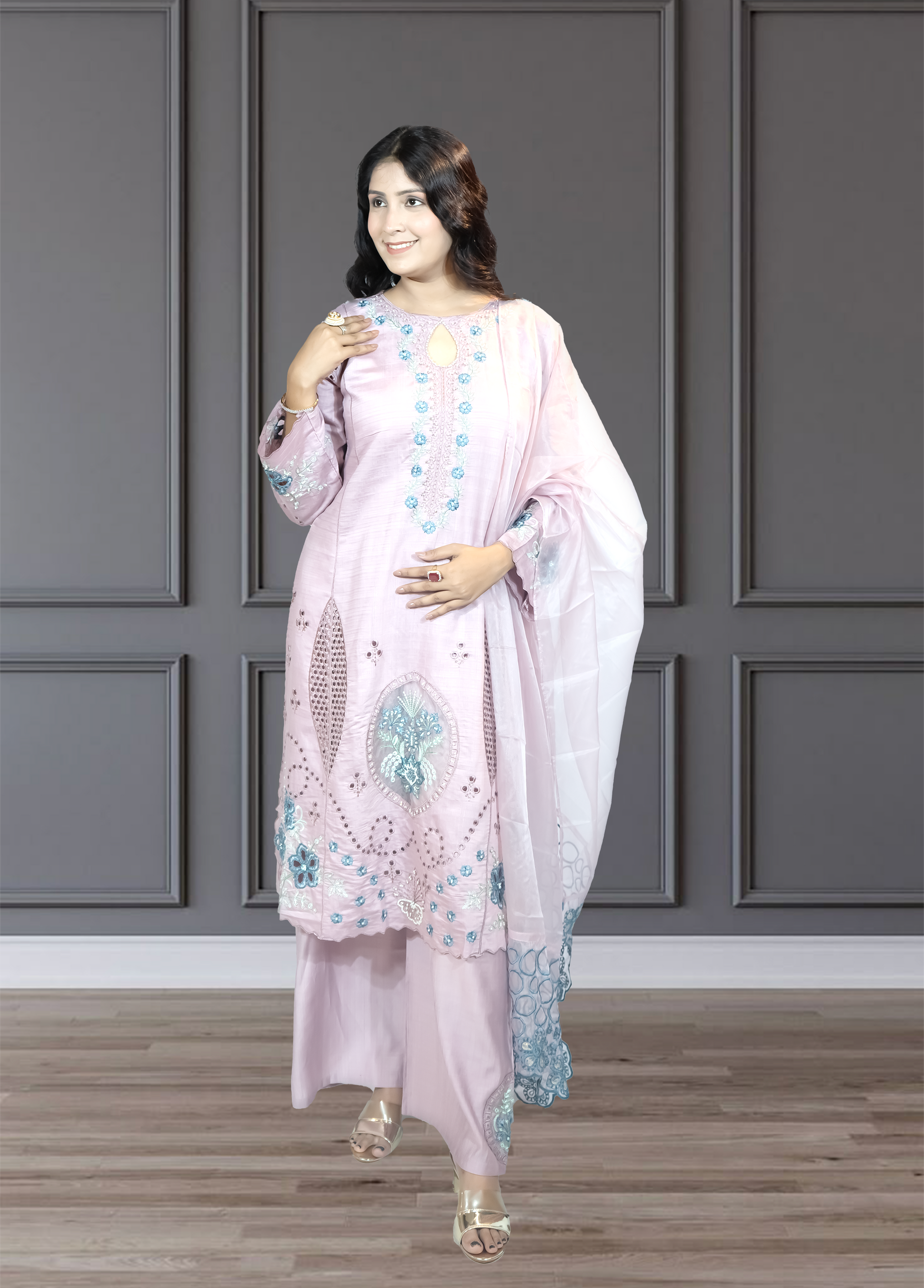 Baby Pink Slub Cotton Suit with Plazo | Embroidery, Cut Work & Pearl Detailing | Sizes M–XXL - Bebo N Lolo