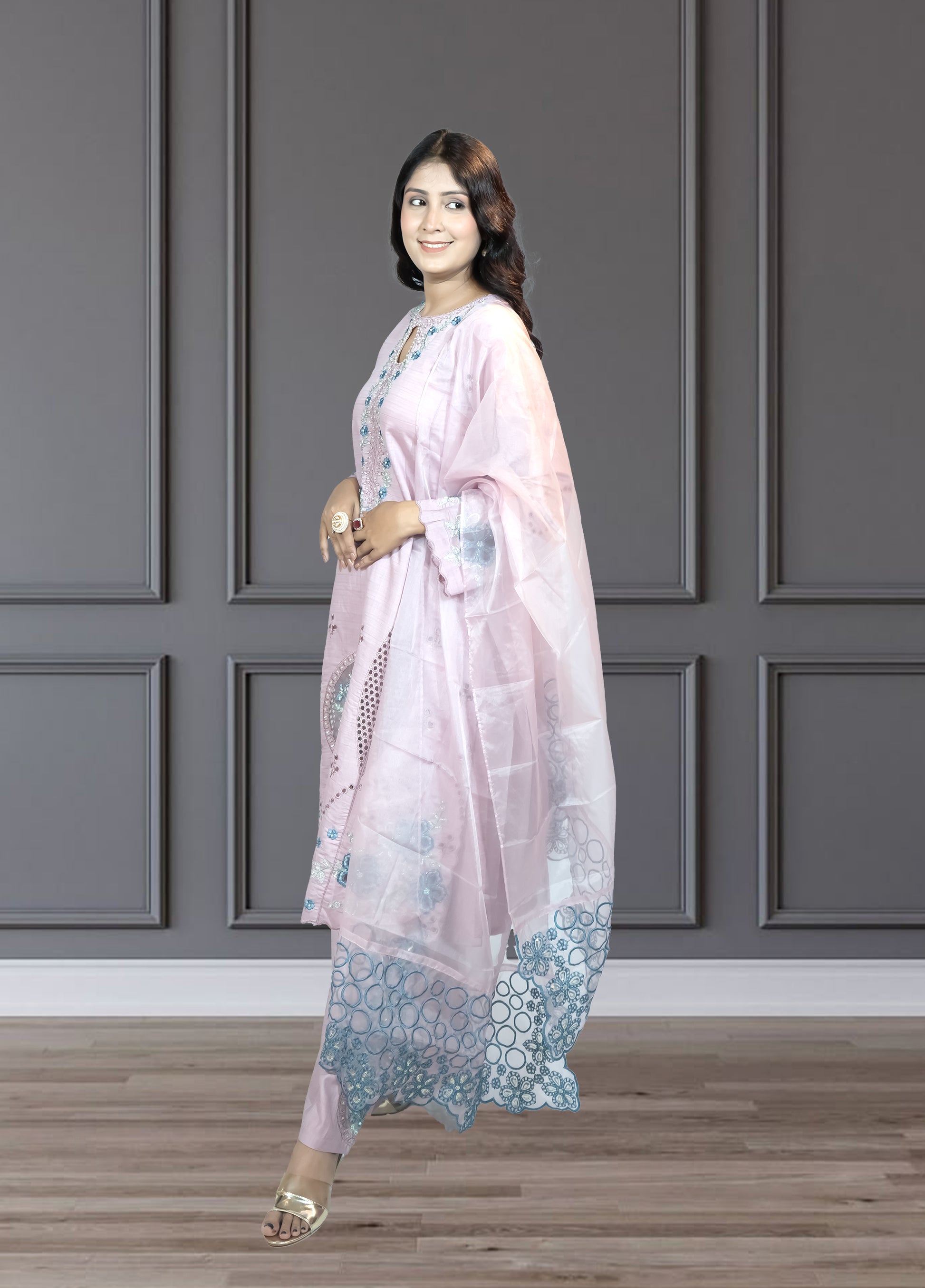 Baby Pink Slub Cotton Suit with Plazo | Embroidery, Cut Work & Pearl Detailing | Sizes M–XXL - Bebo N Lolo
