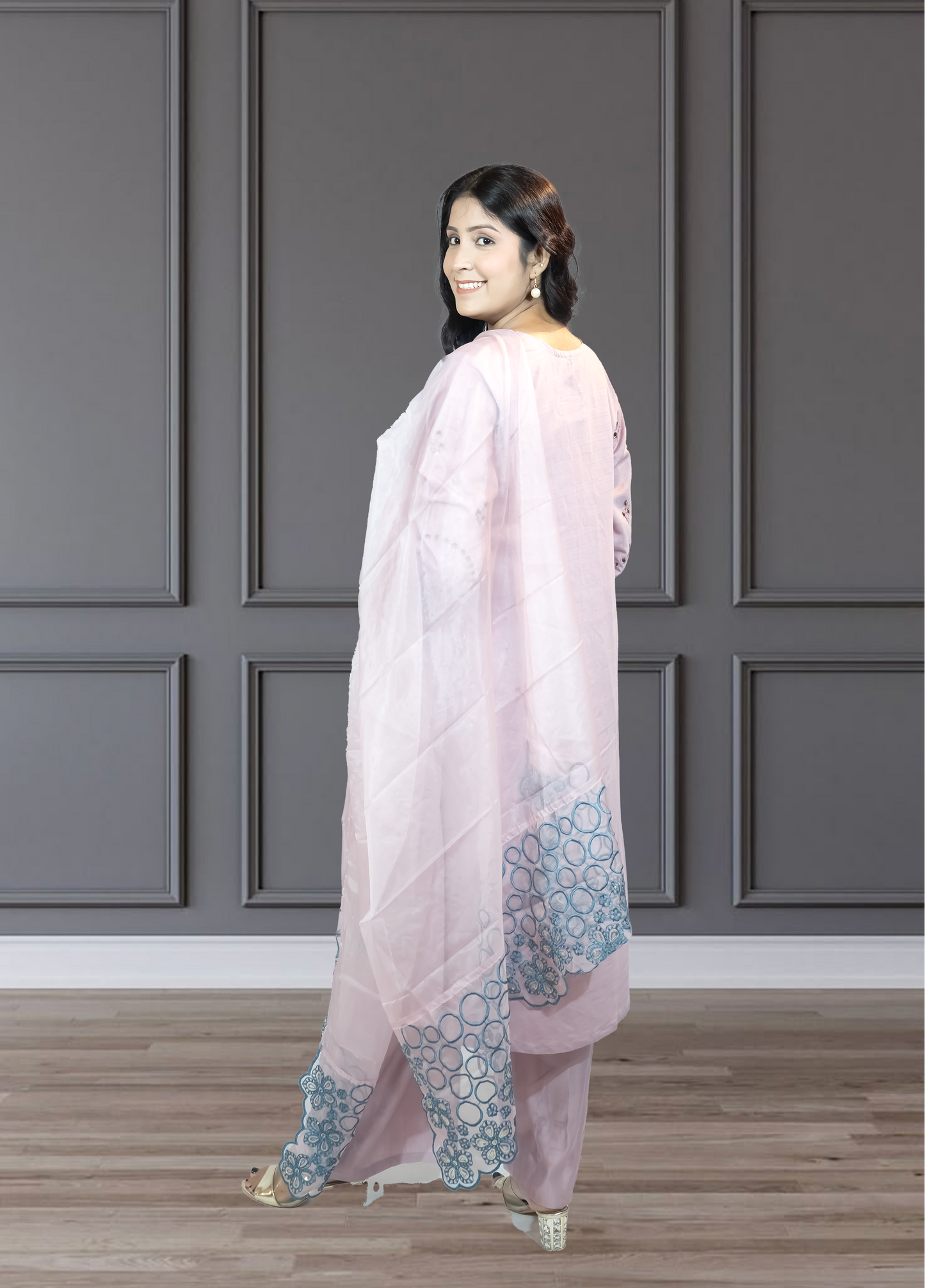 Baby Pink Slub Cotton Suit with Plazo | Embroidery, Cut Work & Pearl Detailing | Sizes M–XXL - Bebo N Lolo