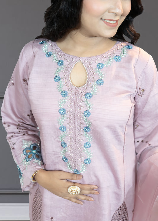 Baby Pink Slub Cotton Suit with Plazo | Embroidery, Cut Work & Pearl Detailing | Sizes M–XXL - Bebo N Lolo