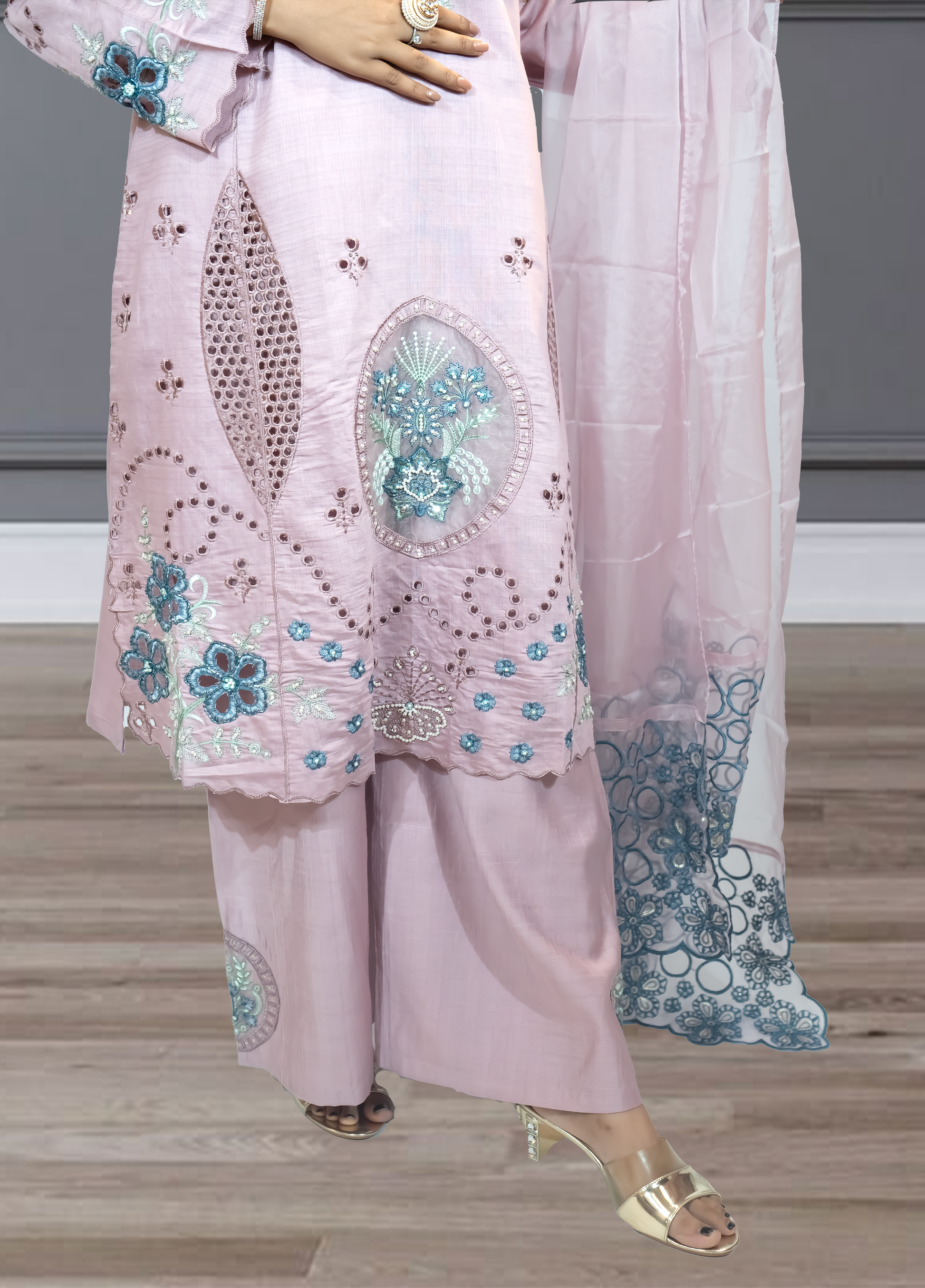 Baby Pink Slub Cotton Suit with Plazo | Embroidery, Cut Work & Pearl Detailing | Sizes M–XXL - Bebo N Lolo