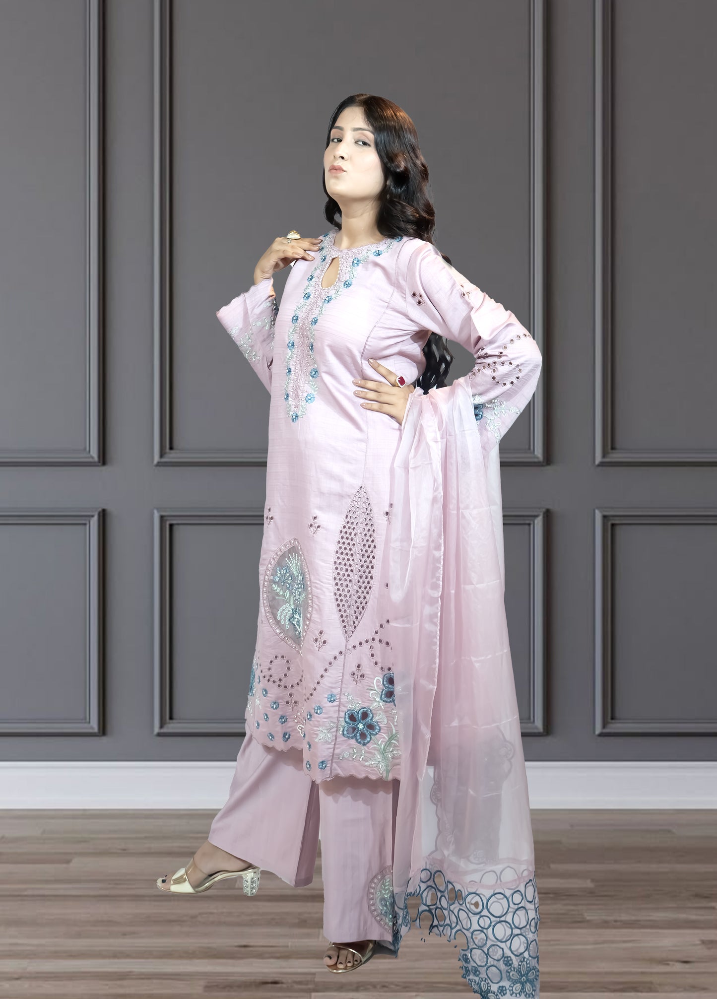 Baby Pink Slub Cotton Suit with Plazo | Embroidery, Cut Work & Pearl Detailing | Sizes M–XXL - Bebo N Lolo