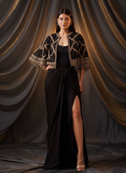 Woman in a black dress with an embellished jacket standing against draped fabric.