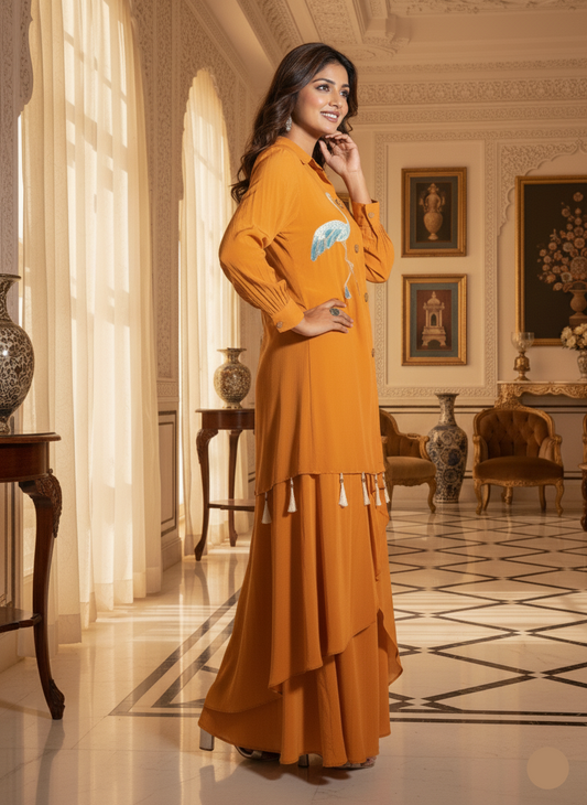 Woman in an orange dress standing in a luxurious room with decor elements.