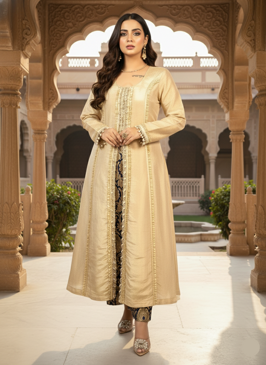 Woman in a beige traditional outfit standing in an ornate architectural setting