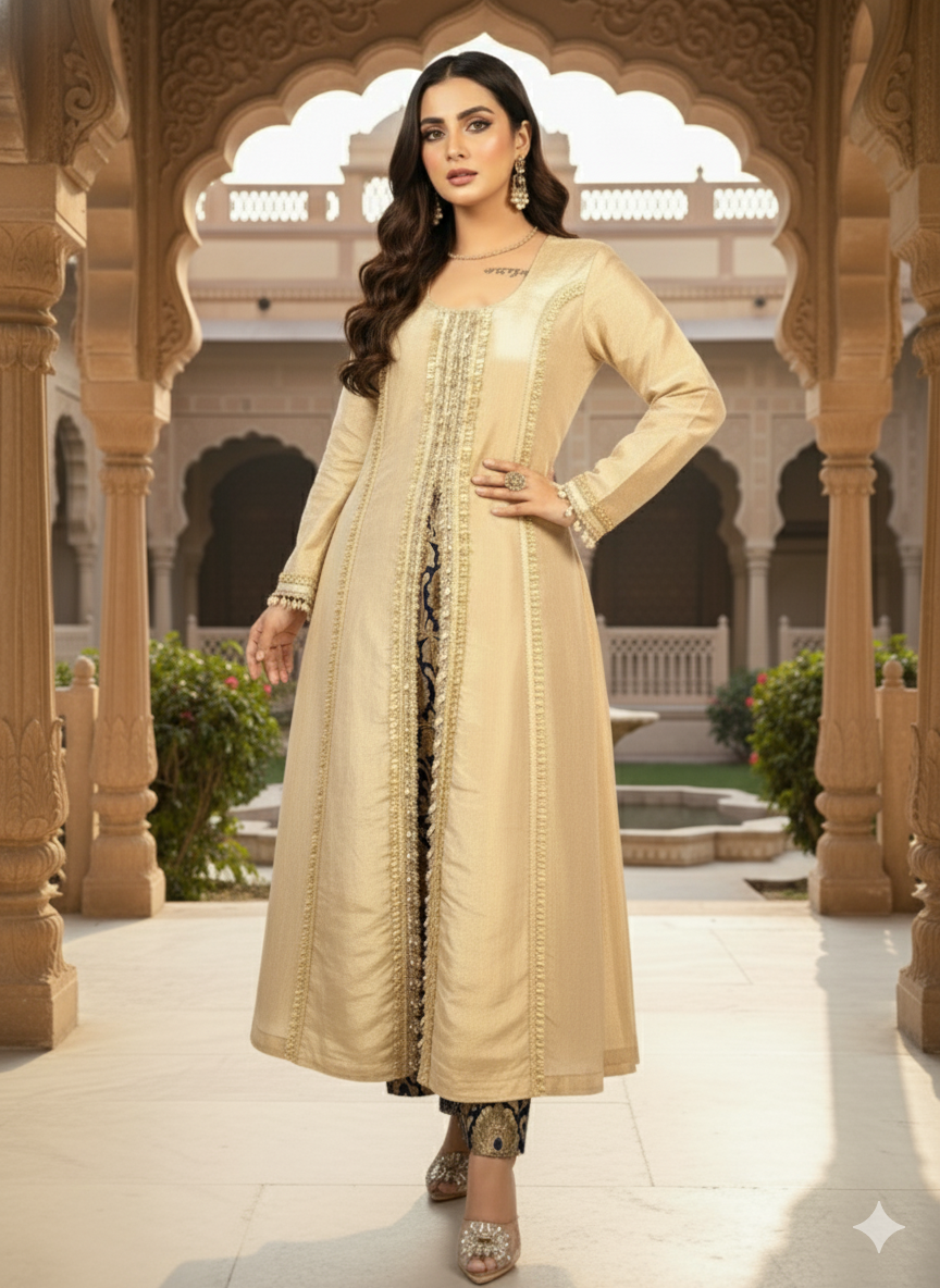 Woman in a beige traditional outfit standing in an ornate architectural setting.