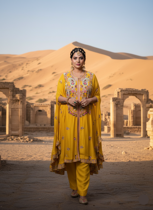 Woman in a yellow traditional outfit standing in a desert with ancient architecture.