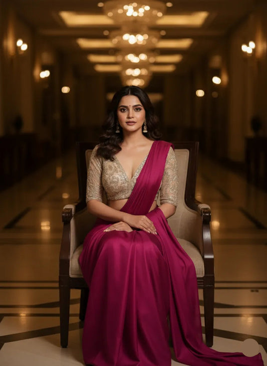 Woman in a pink saree sitting on a chair in an elegant hallway.