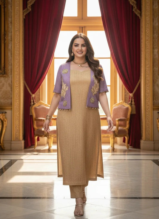 Woman in a gold and purple outfit standing in an opulent room with red curtains and gold accents.