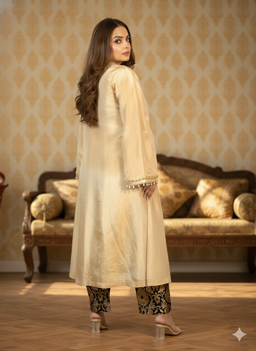 Woman in a beige traditional outfit standing in a room with patterned wallpaper and furniture.