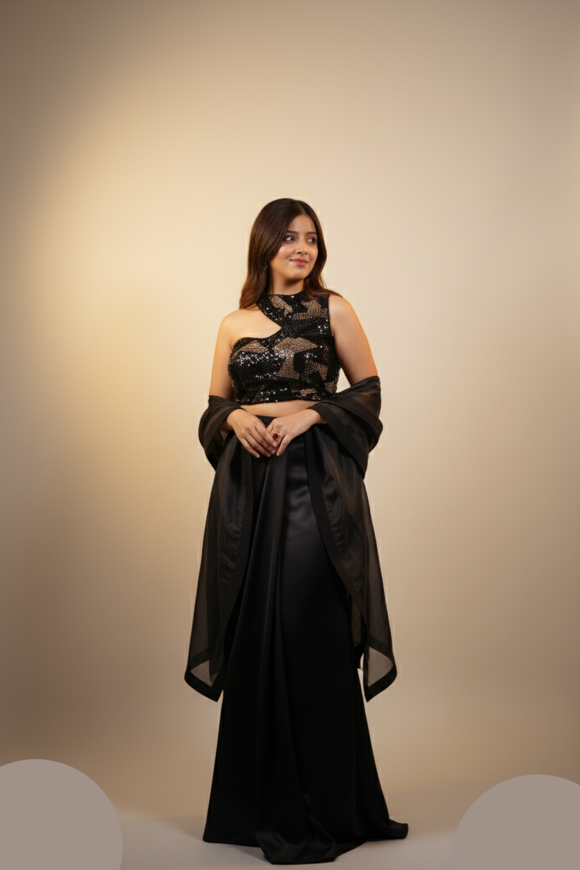 Woman wearing a black evening gown against a beige background
