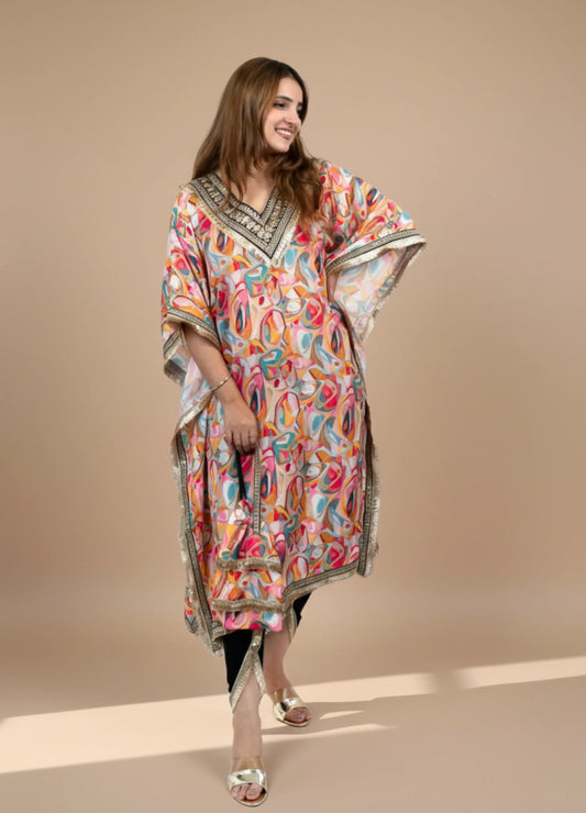 Orange Printed Crepe Kaftan Set | V-Neck Lace Work Kaftan with Tulip Pant | Festive & Party Wear