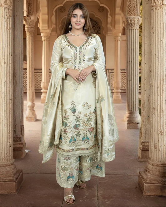 Woman in traditional embroidered outfit standing in an architectural setting