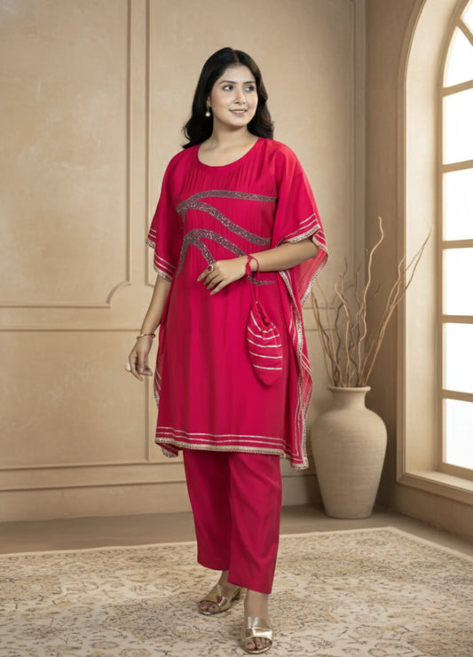 Pink Cotton Kaftan Set | Cutdana Handwork Kaftan with Pant | Festive & Daily Wear