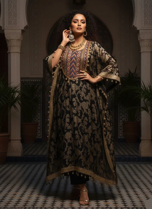 Woman in a patterned dress standing in an ornate interior setting